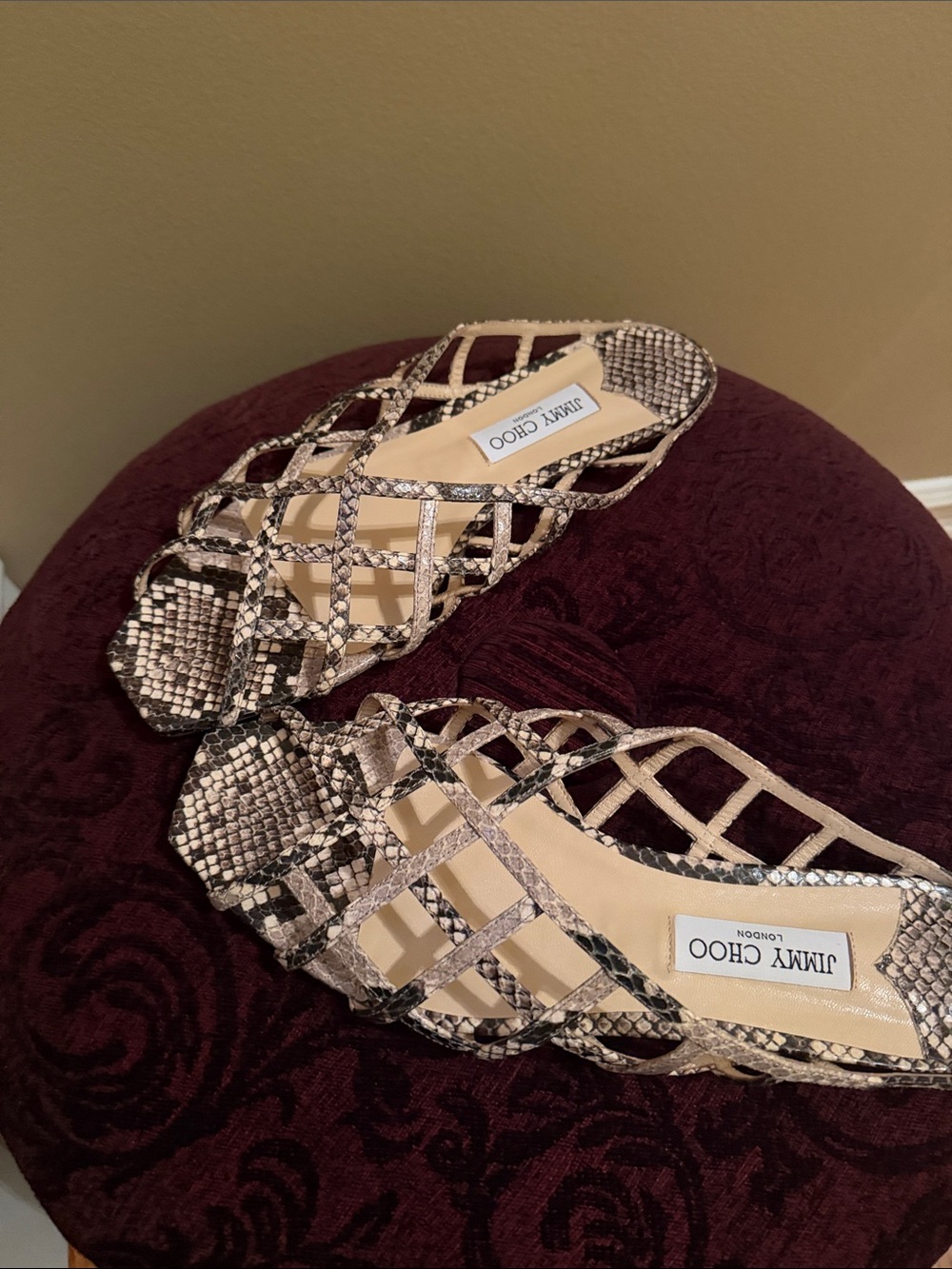Jimmy Choo Beige Snake-Print Lattice Slide Mules